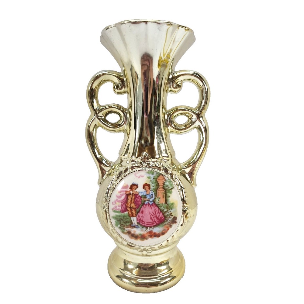 Vintage Porcelain Vase Gold Metallic Finish victoeian Couple Made in Japan 8.25"